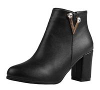 CuteFlats Bottines unies tendance pour femme, surface lisse, talon épais, Noir , 38 EU