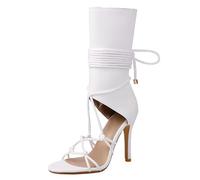 CuteFlats Sandales à talons hauts pour femme avec bandes croisées - Sandales d'été sans orteils - Hauteur du talon : 10,5 cm, Blanc., 45 EU