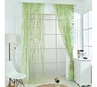 Cutefly Lot de 2 Rideaux en Voile, en Tulle Vert, Feuilles de Salix, Motif Osier, translucide, pour fenêtre de Chambre, Textile, Vert Clair, 100 x 200 cm
