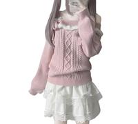 Cuteighteen Kawaii Pull Adolescent Lolita Off The Shoulder Tops Femmes Tricot Cutecore Vêtements Japonais Y2K Tendance Mignon Pulls, rose, Taille L