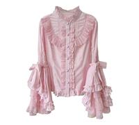 Cuteighteen Lolita Chemisier victorien à manches longues pour femme, chemise gothique Renaissance vintage en dentelle à volants, rose, Taille M