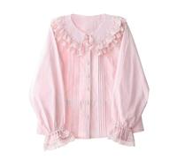 Cuteighteen Lolita Chemisiers à manches longues pour femme Col Claudine Chemise victorienne Vintage Dentelle Dressy Tops Tendance Printemps, rose, Taille M