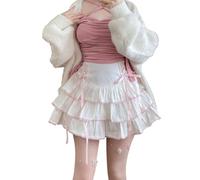 Cuteighteen Lolita - Mini jupe à volants pour femmes, jupe-short kawaii superposés à volants taille haute à lacets, jupe trapèze mignonne pour adolescentes, blanc, Taille S