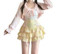 Cuteighteen Lolita - Mini jupe à volants pour femmes, jupe-short kawaii superposés à volants taille haute à lacets, jupe trapèze mignonne pour adolescentes, jaune, Taille M