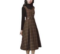 Cuteighteen Robe sans manches à carreaux avec ceinture pour femme - Automne et hiver - En laine - Élégante - Midi - Robe tablier, marron, Taille M
