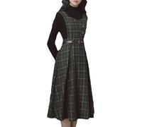 Cuteighteen Robe sans manches à carreaux avec ceinture pour femme - Automne et hiver - En laine - Élégante - Midi - Robe tablier, vert, Taille M