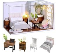 CUTEROOM Kit maison de poupée miniature en bois avec housse anti-poussière et lumière LED et accessoires - QT Series (QT011)