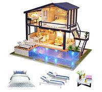 Cuteroom Maison de Poupées en Bois à Faire Soi-Même - Modèle Miniature avec Mobilier, Piscine, Lumières LED et Boîte à Musique