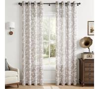 CUTEWIND Rideau Chambre Voile Gris Rideaux Salon 2 Pièces à Oeillets 140cm Largeur x 225cm Hauteur, Rideau Voilage Transparent avec Motif Feuilles Blanches pour Grande Fenêtre de Maison