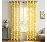 CUTEWIND Rideau Chambre Voile Jaune Rideau Salon 2 Pièces à Oeillets 140x225 cm (L x H), Rideau Voilage Transparent avec Motif Feuilles Blanches pour Fenêtre Maison Moderne