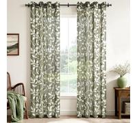 CUTEWIND Rideau Salon Voile Vert Olive Rideau Chambre 2 Pièces à Oeillets 140x245 cm (L x H), Rideau Voilage Transparent avec Motif Feuilles Blanches pour Grande Fenêtre et Maison