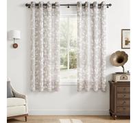 CUTEWIND Rideau Voilage Voile Gris 2 Pièces à Oeillets 140cm de Large et 145cm de Haut, Rideau Chambre Fille Transparent Moderne avec Motif Feuilles Blanches pour Fenêtre Intérieur Maison