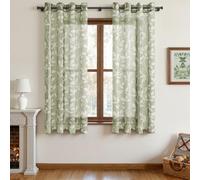 CUTEWIND Rideau Voilage Voile Gris Vert Rideau Chambre 2 Pièces à Oeillets 140x145 cm (L x H), Rideau Court Transparent Moderne avec Motif Feuilles Blanches pour Fenêtre et Cuisine
