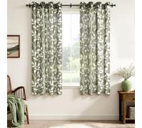 CUTEWIND Rideau Voilage Voile Vert Olive Rideau Chambre 2 Pièces à Oeillets 140x160 cm (L x H), Rideau Court Transparent Moderne avec Motif Feuilles Blanches pour Fenêtre et Cuisine