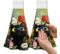 CUTHOLLOW Hängende Küchentücher 2er-Set, Schwarze Katze und Bunte Blume Dekorative Motiv Geschirrtuch mit Aufhänger, Weiche & saugfähige Mikrofaser-Handtuch für Küche, Bad Oder Ofengriff, Bar