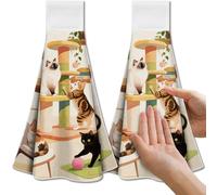 CUTHOLLOW Lot de 2 Torchons de Cuisine Suspendus - Chat Joueur et Fleurs - Microfibre Douce et Super Absorbante, Torchon Décoratif Suspendu pour Vaisselle, Torchon pour Cuisine