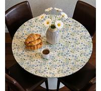 CUTHOLLOW Nappe Ronde 132 cm avec Bord Élastique, Impermeable Anti Tache Nappe de Jardin avec Motif Fleurs Bleues, Polyester Nappes de Table pour Cuisine Cafe - Lavable - pour Le Tableau 114-132 cm