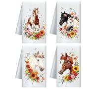 CUTHOLLOW Set de 4 Torchon Cuisine Motif Cheval et Fleurs, Microfibre Douce et Absorbante, Torchons de Cuisine Décoratifs Originaux, Kitchen Towels pour Anniversaire Cadeau, Thé, Café, Bar