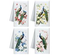 CUTHOLLOW Set de 4 Torchon Cuisine Motif Paon et Fleurs, Microfibre Douce et Absorbante, Torchons de Cuisine Décoratifs Originaux, Kitchen Towels pour Anniversaire Cadeau, Thé, Café, Bar