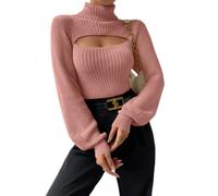 Cutout Knit Tops for Women Turtleneck Long Sleeve Ribbed Fitted Sweater (Pink,S)