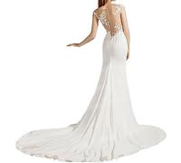 Robes de Mariée de Plage de Sirène pour Les Femmes, Robe Longue de Cocktail de Soirée, Robes de Mariée de Bal D'étudiants de Col en V Robes avec Le Long Train,White,M