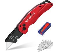 Cutter Professionnel Pliant WORKPRO, Cutter Utilitaire avec Mecanisme de Changement Rapide, 10 Lames SK5 Incluses, Ideal pour Coupe, Rouge