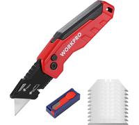 Cutter Professionnel Pliant WORKPRO, Cutter Utilitaire avec Mecanisme de Changement Rapide, 13 Lames SK5 Incluses, Ideal pour Coupe, Rouge