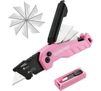 Cutter Professionnel Pliant WORKPRO, Cutter Utilitaire avec Mecanisme de Changement Rapide, 13 Lames SK5 Incluses, Ideal pour Coupe, Rose