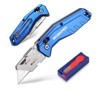 Cutter Professionnel Pliant WORKPRO, Cutter Utilitaire avec Mecanisme de Changement Rapide, Poignee en Alu Antiderapant, 10 Lames SK5 Supplementaires, Ideal pour Coupe, Carton, Papier