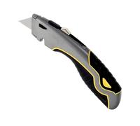 cutter professionnel rétractable avec porte-lame intégré & dénudeur de fils, couteau utilitaire robuste, corps en alliage métal, poignée ergonomique antidérapante (Gris/finitions jaunes)