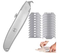 Cutter Professionnel Rétractable - Outil de Sécurité à Lame Interchangeable avec Verrouillage Automatique, 1 Couteau + 10 Lames Trapèze + 10 Lames Crocodile, Idéal Moquette Cartons Sols PVC, Argent