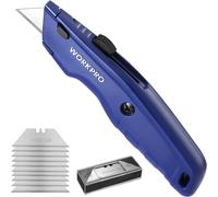 Cutter professionnel universel avec manche en aluminium antiderapant, couteau avec 10 lames supplementaires, bleu, WORKPRO