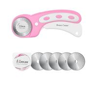 Cutter rotatif 45 mm avec 5 lames supplémentaires, poignée ergonomique avec verrouillage de sécurité pour tissu, cuir, travaux manuels, couture, courtepointe, coupe rotative en tissu (rose)