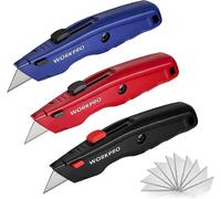 Cutter Universel avec Mecanisme de Changement Rapide WORKPRO, Cutter Professionnel avec 4 Positions Reglables et 10 Lames de Rechange en SK5, Cutter a Moquette avec Manche en Aluminium Antiderapant