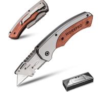 Cutter Utilitaire Pliant avec Manche en Bois WORKPRO, Cutter Professionnel Pliant avec Mecanisme de Changement Rapide de Lame, Cutter Universel avec 10 Lames de Cutter en SK5 Supplementaires