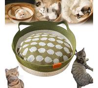 Cutypet Cat Basket, Cotton Rope Woven Cat Bed Basket, Rope Round Cat Nest with Built-in Scratching Pad and Play Ball for Cats and Dogs All-Season (Green with Padding,Small)