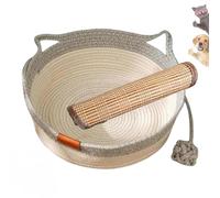 Cutypet Cat Basket, Virela Wicker Woven Cat Bed, Cotton Rope Woven Handwoven Round Cats Bed with Toy Tail, Scratching Pad and Play Ball, Breathable Beds for Pet (Gray with Cool Mat,Large)