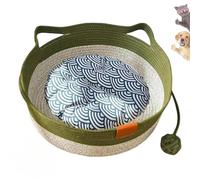 Cutypet Cat Basket, Virela Wicker Woven Cat Bed, Cotton Rope Woven Handwoven Round Cats Bed with Toy Tail, Scratching Pad and Play Ball, Breathable Beds for Pet (Green with Cotton Mat,Large)