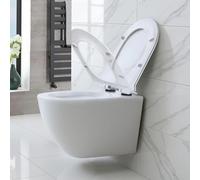 Cuvette de toilette murale sans bord, WC mural avec siège à fermeture douce, toilettes flottantes peu encombrantes pour salle de bain, toilettes rondes en céramique avec chasse d'eau à un trou à 360