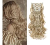 CUVZORA Lot de 6 extensions capillaires à clip, blondes, longues, ondulées, avec clips, pour femme, synthétiques, ondulées, blond cendré clair mélangé (50 cm)