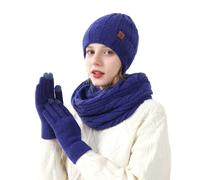 Cuwtheugwg Ensemble Bonnet Écharpe Homme Chapeau D'Hiver Avec Écharpe Et Gants Hiver Chauffant Pompom Echarpe Tube Doublure En Polaire Cosy Chale Tour De Cou Femme Chaud (Bleu,Taille unique)