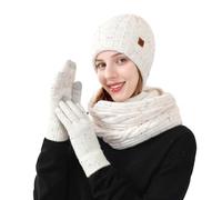 Cuwtheugwg Ensemble Bonnet Écharpe Homme Chapeau D'Hiver Avec Écharpe Et Gants Hiver Chauffant Pompom Echarpe Tube Doublure En Polaire Cosy Chale Tour De Cou Femme Chaud (Blanc,Taille unique)