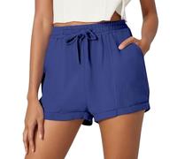 Cuwtheugwg Short Femme Été Bermuda Shorts Et Bermudas Lin Ete Ample Leger Plage Gaze De Coton Pantalon Noir Élastique Cordon Serrage Idéale Au Quotidien Mode Uni 2026 (Bleu foncé,L)