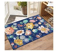 CVBN Tapis Entree Interieur Fleur, Poil Court Lavable en Machine Paillasson Entrée, Mince Salon/Salle à Manger/Chambre/Cuisine Tapis(Bleu, 90 x150CM)