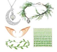 CVDYWDJIE 1 Bandeau Fleuri, 1 Oreille, 1 Tour De Cou Feuille Verte, 1 Collier Lune Et 1 Patch Visage Diamant Vert, Accessoires De Cosplay, Accessoires De Costumes