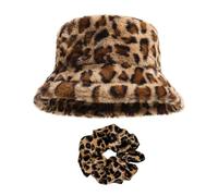 CVDYWDJIE 1 Chapeau En Peluche Imprimé Léopard Et 1 Élastique À Cheveux Imprimé Léopard, Joli Chapeau De Pêche, Chapeau D'Hiver Chaud, Chapeau Polyvalent Classique, Chapeau D'Hiver Pour Femme