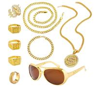 CVDYWDJIE 1 Collier Médaille d'or, 1 Lunettes, 1 Boucles d'oreilles, 1 Collier, 1 Bracelet Et 4 Bagues en Or, Accessoires Vestimentaires Hip Hop, Accessoires De Cosplay