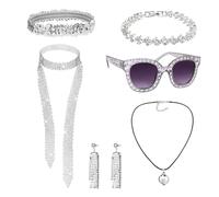 CVDYWDJIE 1 Costume Disco, 1 Collier Boule Disco, Ensemble Disco Argenté, Boucles d'oreilles À Paillettes, Lunettes De Soleil, Costume Pailleté pour Femme