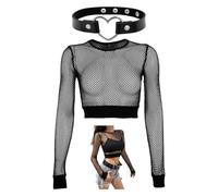 CVDYWDJIE 1 Haut En Maille Creuse, 1 Tour De Cou En Forme De Cœur, Costume Sexy Noir, Haut En Maille À Manches Longues Courtes, Vêtements Sexy Pour Femmes