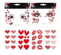 CVDYWDJIE 2 Autocollants pour Le Visage Et 4 Autocollants pour Les Lèvres Rouges en Forme De Cœur, Autocollants De Tatouage Temporaire, Autocollants Brillants, Danses